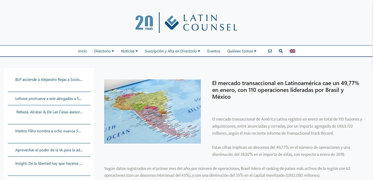 El mercado transaccional en Latinoamrica cae un 49,77% en enero, con 110 operaciones lideradas por Brasil y Mxico